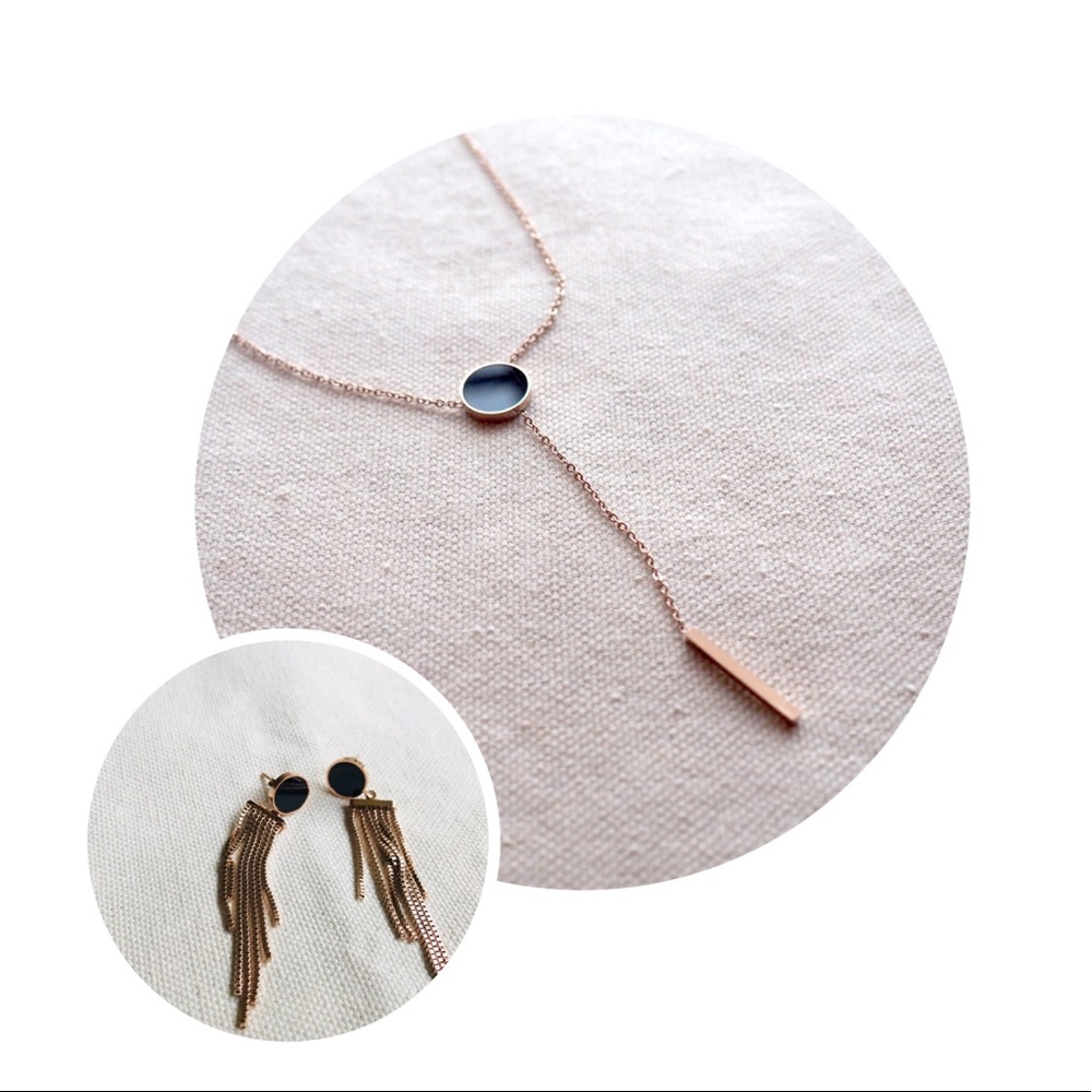 New Rose Gold Tassel Earrings and Necklace Set